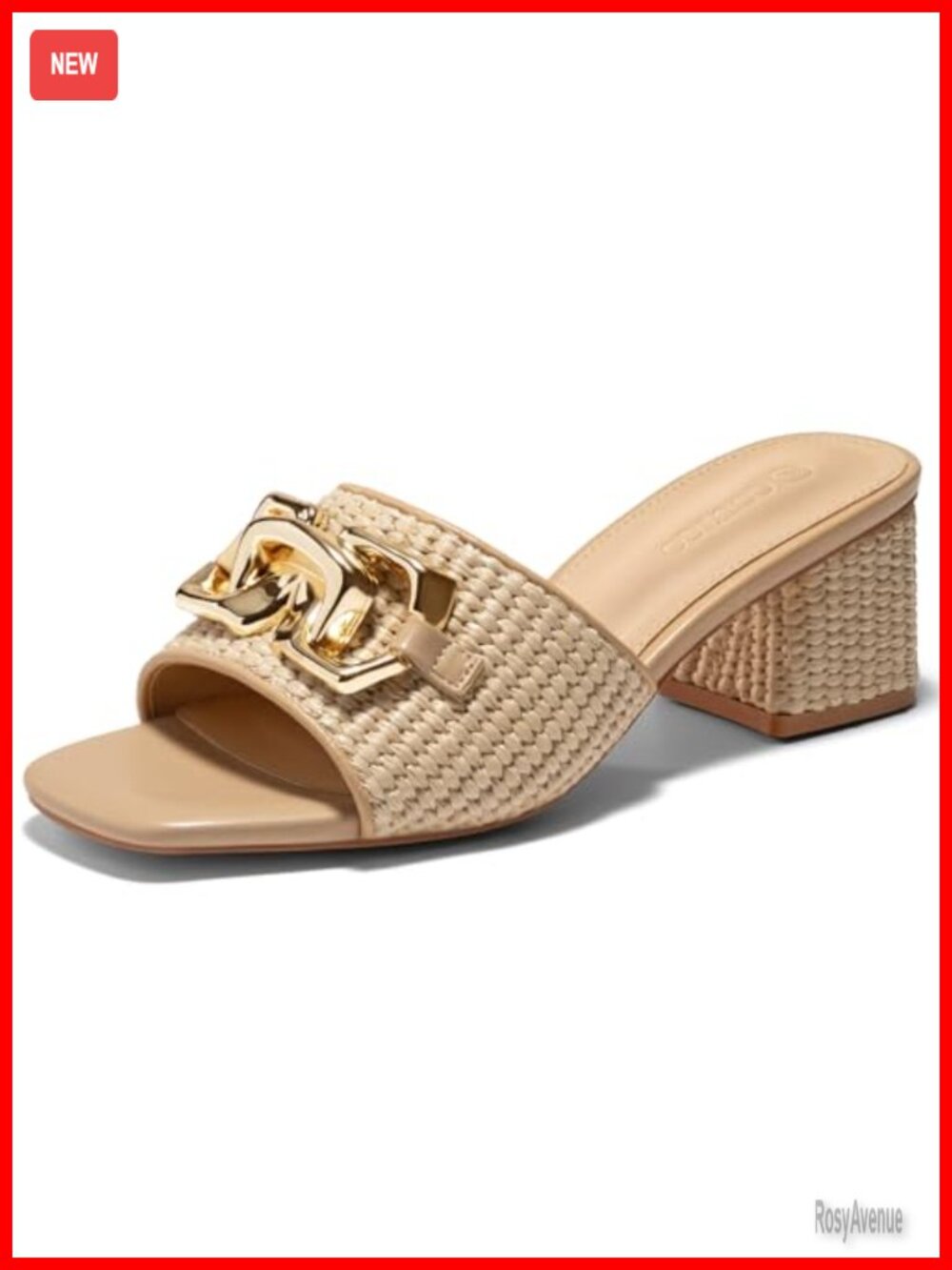 Women's Raffia Block Heel Slide Sandals Square Open Toe Metal Chain Mules